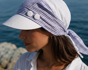 Women's Cotton Seersucker Bandana Cap — White Visor Blue Stripe Beach Sun Hat