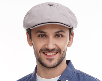 Gorra de vendedor de periódicos de algodón gris hecha a mano: gorra vintage de 8 paneles estilo panadero