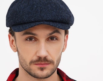 Dark Blue Tweed Newsboy Cap – Herringbone Pattern Mens Hat