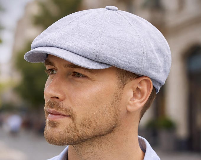 Handmade Light Blue Linen Newsboy Cap for Men — Pale Blue Baker Boy Hat for Summer