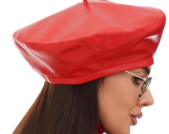 Red Leather Beret - Handmade French Style Winter Hat for Women | Genuine Leather Fashion Accessory
