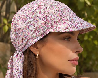 Women's Cotton Seersucker Bandana Cap — Pink Floral Beach Visor Scarf Sun Hat