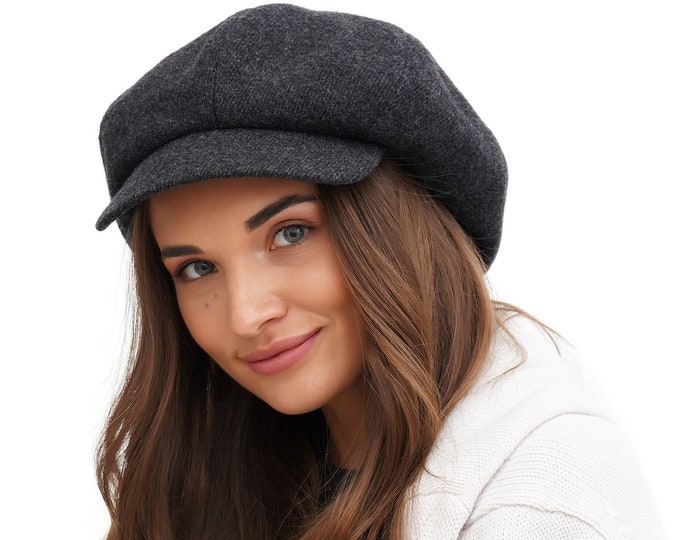 Women's Grey Wool Newsboy Hat - 8 Panel Top Baker Boy Paperboy Cap, Chic and Sophisticated