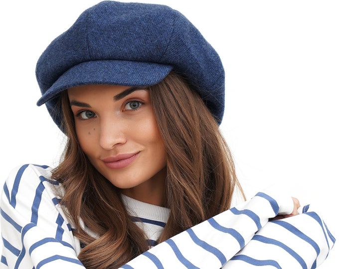 Women's Blue Wool Newsboy Hat - Elegant 8-Panel Top Baker Boy Cap, Stylish Paperboy Accessory