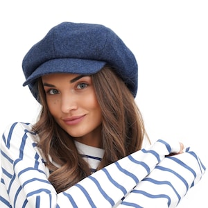 Cappello da strillone in lana blu da donna - Elegante berretto da baker boy con parte superiore a 8 pannelli, elegante accessorio da paperboy