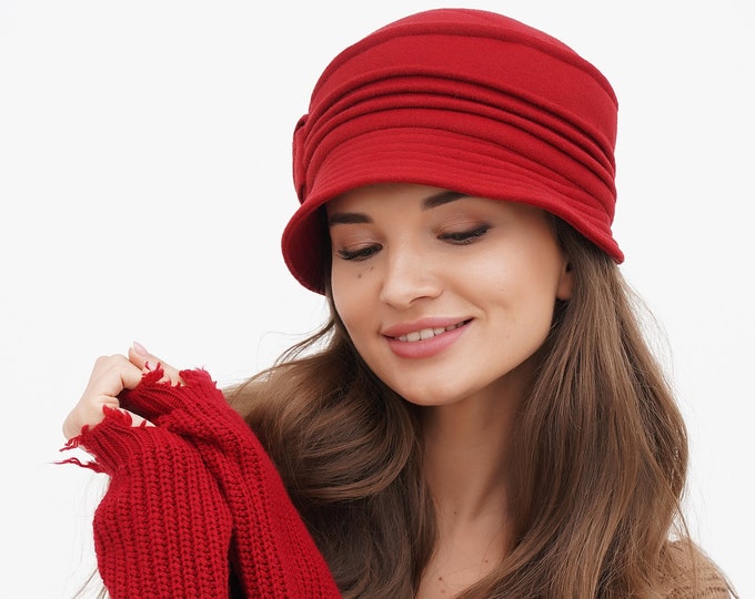Red 'Victoria' Wool Cloche Hat - Vintage Women's Style, Gatsby-Inspired Elegance, Chic Winter Accessory