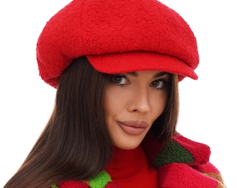 Women's Red Wool Newsboy Hat - Baker Boy Cap in Bright Color