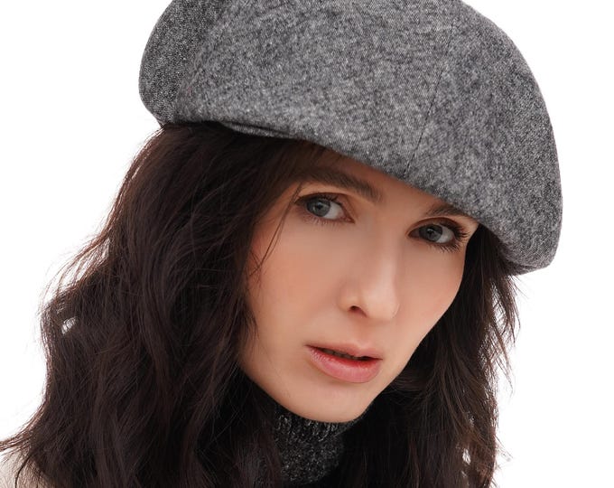 Women's Grey Tweed Newsboy Hat - Baker Boy Cap with Chevron Pattern