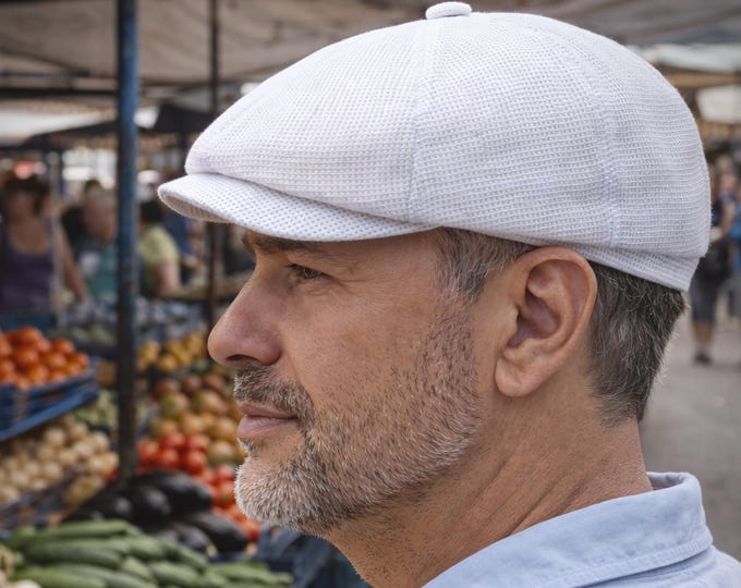 Handmade White Linen Canvas Newsboy Cap for Men — Natural Baker Boy Hat for Summer