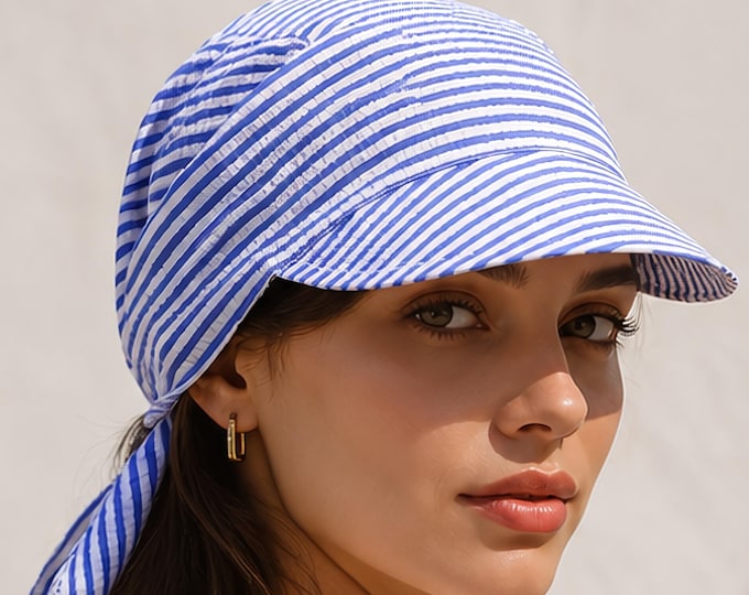 Women's Cotton Seersucker Bandana Cap — Bright Blue Stripe Beach Visor Scarf Sun Hat