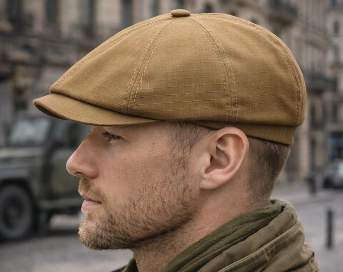 Handmade Coyote Brown Newsboy Cap for Men — Tactical Ripstop Baker Boy Hat for Hunting and Outdoor