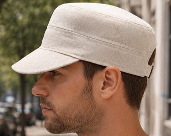 Beige Linen Cotton Military Cap — Adjustable Castro Cadet Hat, Summer Patrol Cap, Flat Top Army Hat for Men