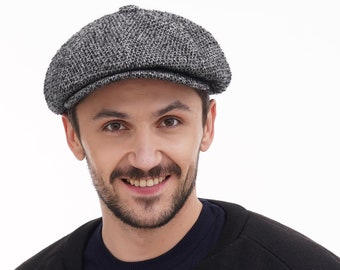 Grey Tweed Newsboy Cap – Handmade 8-Panel Baker Boy Hat Mens