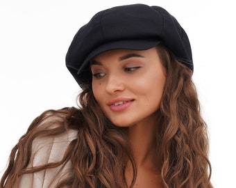 Black Cotton Newsboy Hat Women | 8 Panel Baker Boy Cap