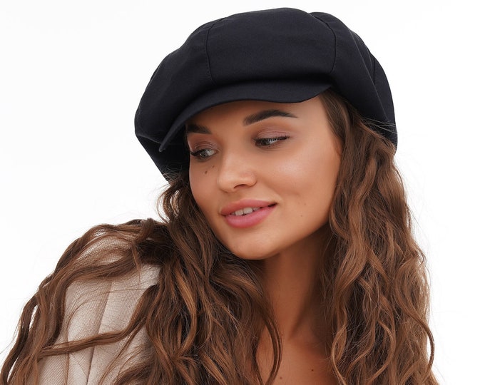 Women's Black Cotton Newsboy Hat - 8 Panel Top Baker Boy Paperboy Cap, Classic and Comfortable