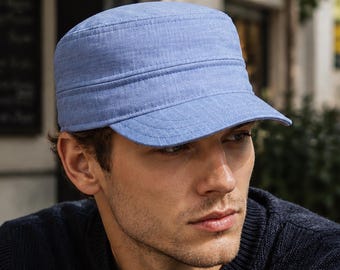 Light Blue Cotton Military Cap — Adjustable Cadet Hat, Structured Castro Patrol Cap, Flat Top Army Hat for Men