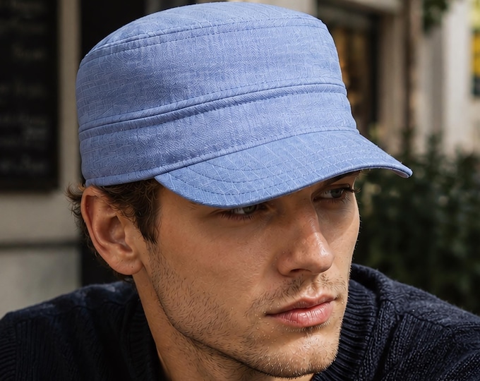Light Blue Cotton Military Cap — Adjustable Cadet Hat, Structured Castro Patrol Cap, Flat Top Army Hat for Men