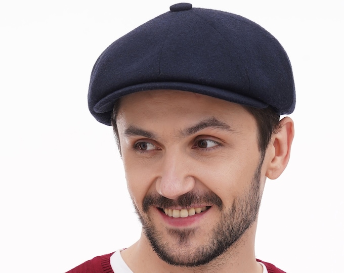 Newsboy Hat for Men – Dark Blue Wool 8-Panel Cap | Classic Vintage Style | Men's Baker Boy Hat | Handmade Dark Blue Newsboy Cap