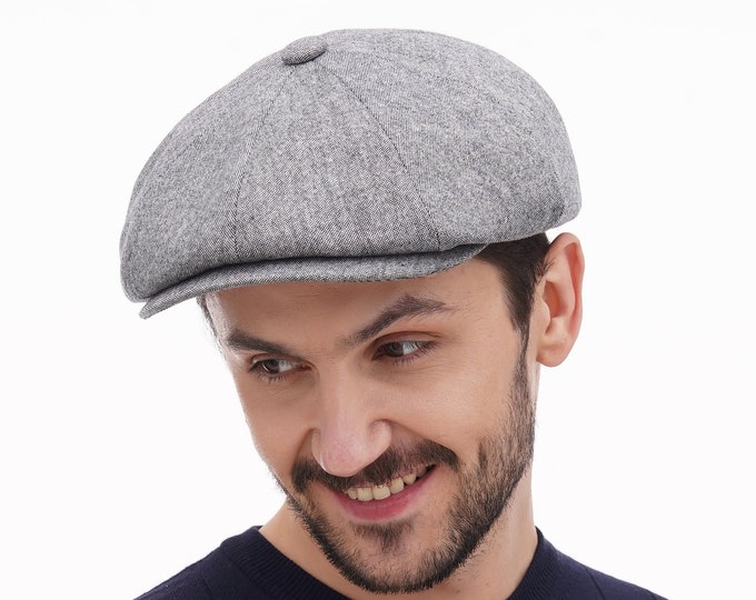 Newsboy Hat for Men – Light Grey Tweed Wool Cap | 8-Panel Classic Style | Vintage Baker Boy Hat | Handmade Men's Tweed Cap