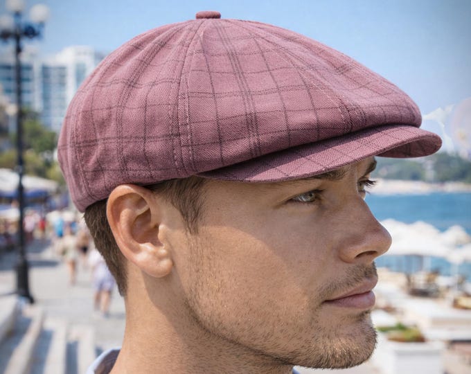 Handmade Burgundy Newsboy Cap for Men — Linen Cotton Baker Boy Hat for Summer