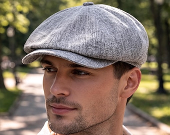 Boina de linho estilo jornaleiro para homens, chapéu de padeiro de verão cinza.