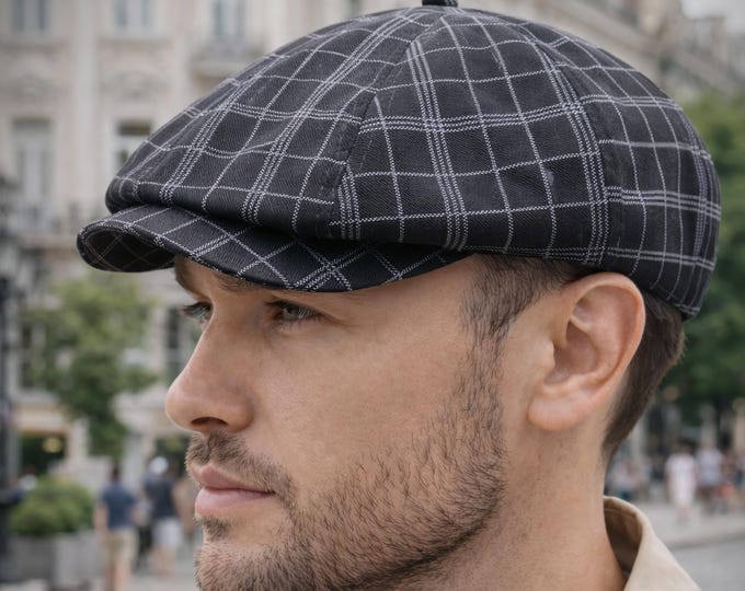 Handmade Black Plaid Newsboy Cap for Men — Dark Linen Cotton Baker Boy Hat