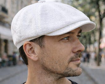 White Linen Newsboy Cap for Men — Handmade Baker Boy Hat