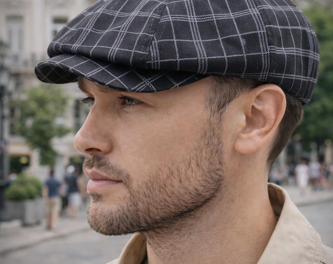 Handmade Black Plaid Newsboy Cap for Men — Dark Linen Cotton Baker Boy Hat