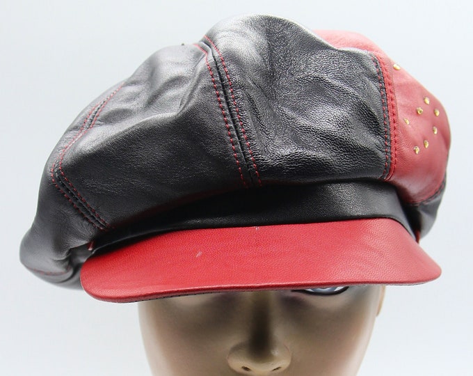 Women's leather baker boy cap newsboy hat woman black red
