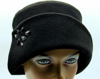 Womens hat cloche Elizabeth black wool vintage flapper hats
