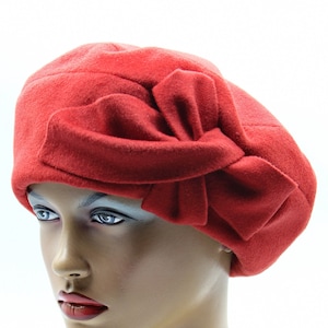 Red Wool Beret Women French Style Winter Hat Flower Detail Bright Color Handmade Fashion Accessory