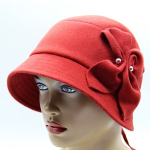 Cloche Hat Veronica Red - Flapper Hat Winter Womens Vintage Style with Fabric Flower Detail