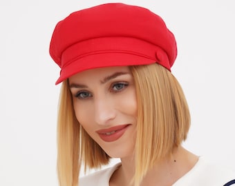 Linen summer fisherman cap newsboy women baker boy hat breton red