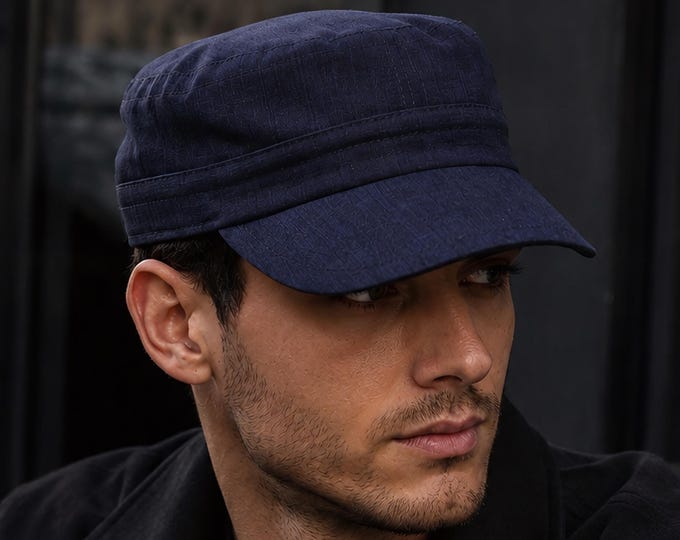 Navy Cotton Military Cap — Lightweight Adjustable Cadet Hat, Flat Top Castro Patrol Cap for Men