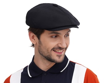 Black Cotton Newsboy Cap: Handmade 8-Panel Vintage Baker Boy Hat