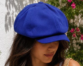 Linen Baker Boy Cap: Women's Blue Newsboy Hat