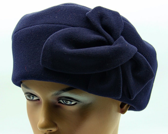 Blue beret hat with a flower women French classic wool woman's