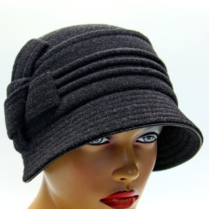 Cloche Hat Womens Vintage Wool Victoria Dark Gray - 1920s Style with Ribbed Texture Details