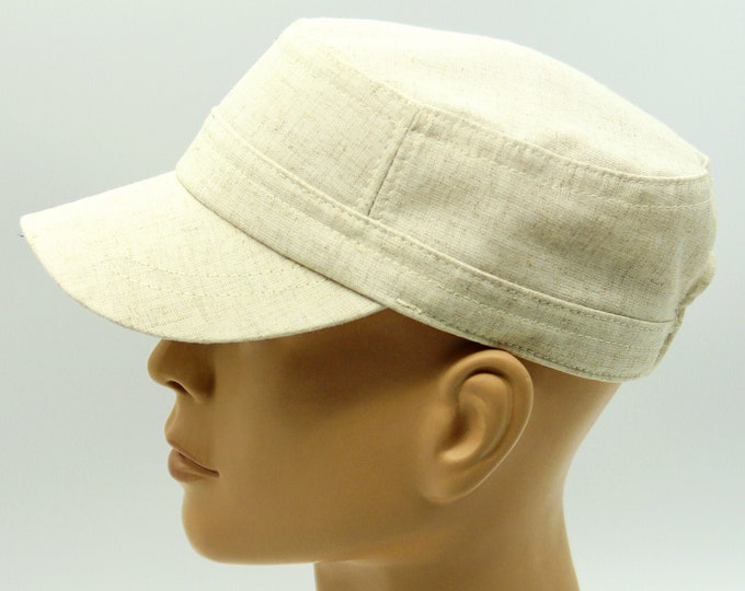 Men's summer military style ivory cadet linen cap.