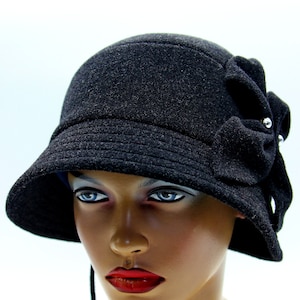 Cloche Hat Women&#39;s Vintage Wool Veronica Dark Gray - 1920s Style with Pearl Bead Details