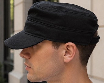 Black Linen Cotton Military Cap — Adjustable Castro Cadet Hat, Summer Patrol Cap, Flat Top Army Hat for Men
