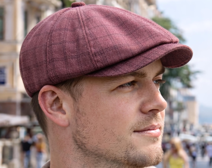Burgundy Newsboy Cap for Men — Handmade Cotton Linen Baker Boy Hat