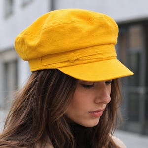 Handmade Yellow Breton Cap: Cotton Linen Newsboy Baker Boy Hat