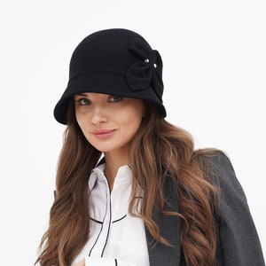 Womens Winter Cloche Hat Wool Black Dark Blue | Vintage Flapper Style with Brim | Gatsby Elegant Gift