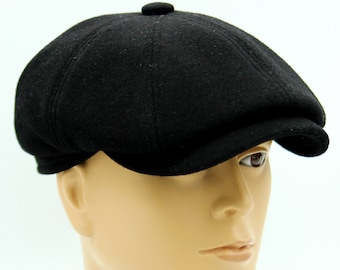 Men's Black Cashmere Wool Newsboy Cap — Handmade Baker Boy Hat from Ukraine