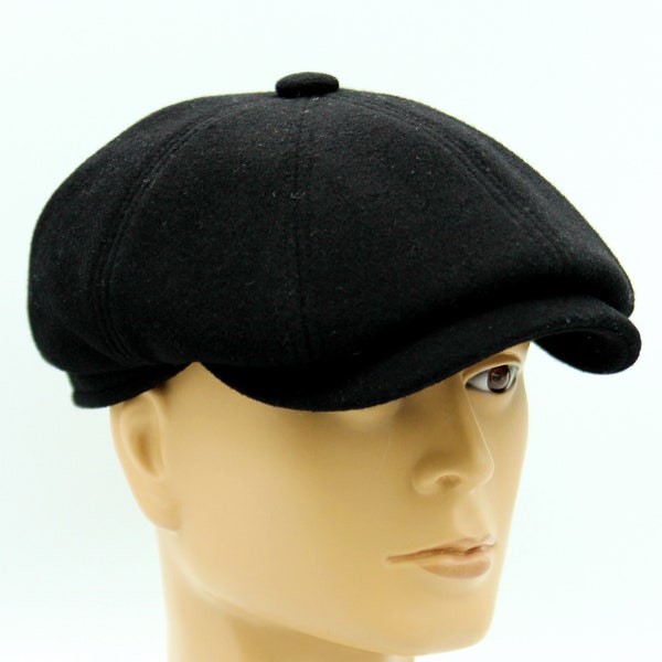 Spring men's black wool newsboy cap baker boy hat.