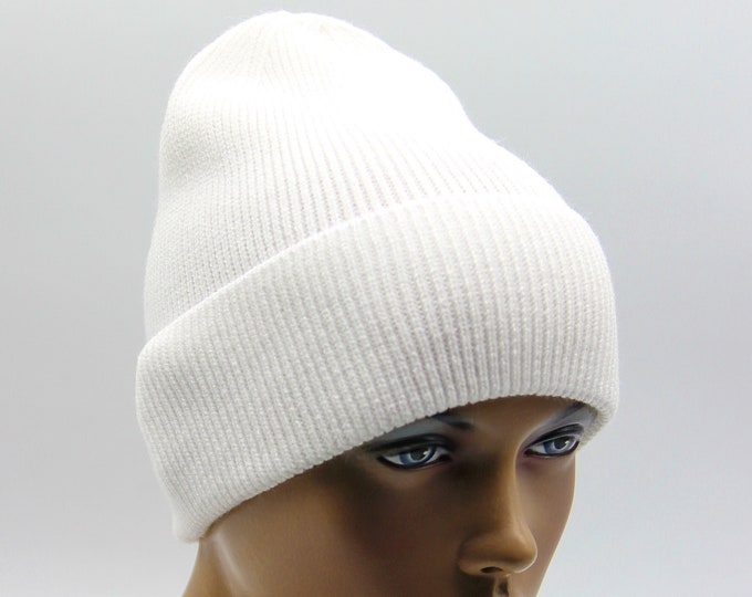 White beanie hat womens knit slouchy crochet knitted warm