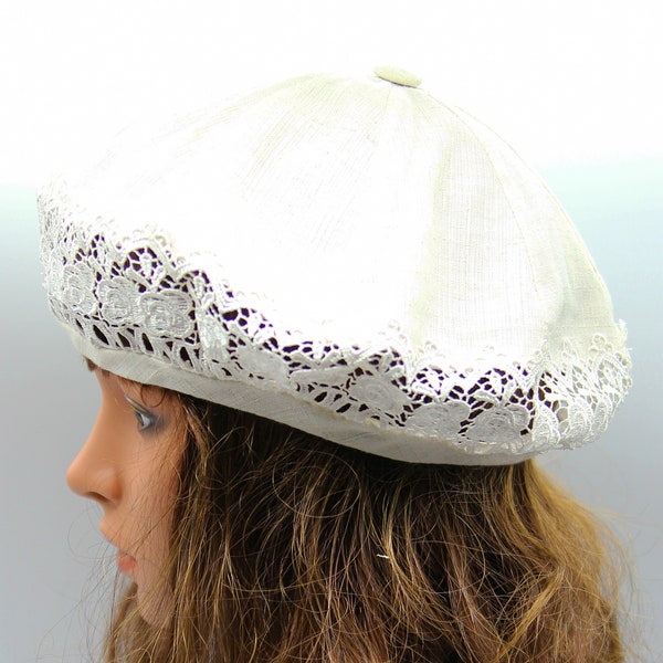 Summer beret french linen hat women's beige