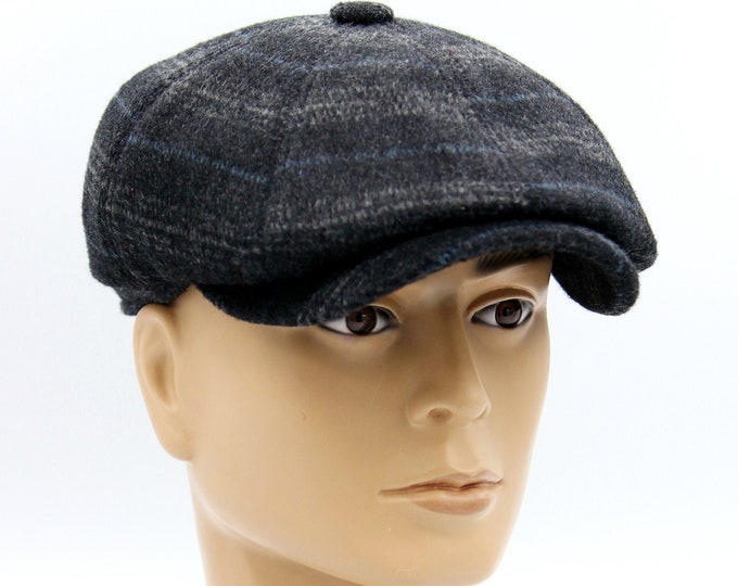 Men's newsboy hat check baker boy cap dark grey
