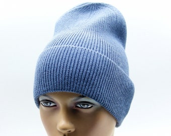 Knitted warm womens beanie hat knit slouchy crochet blue